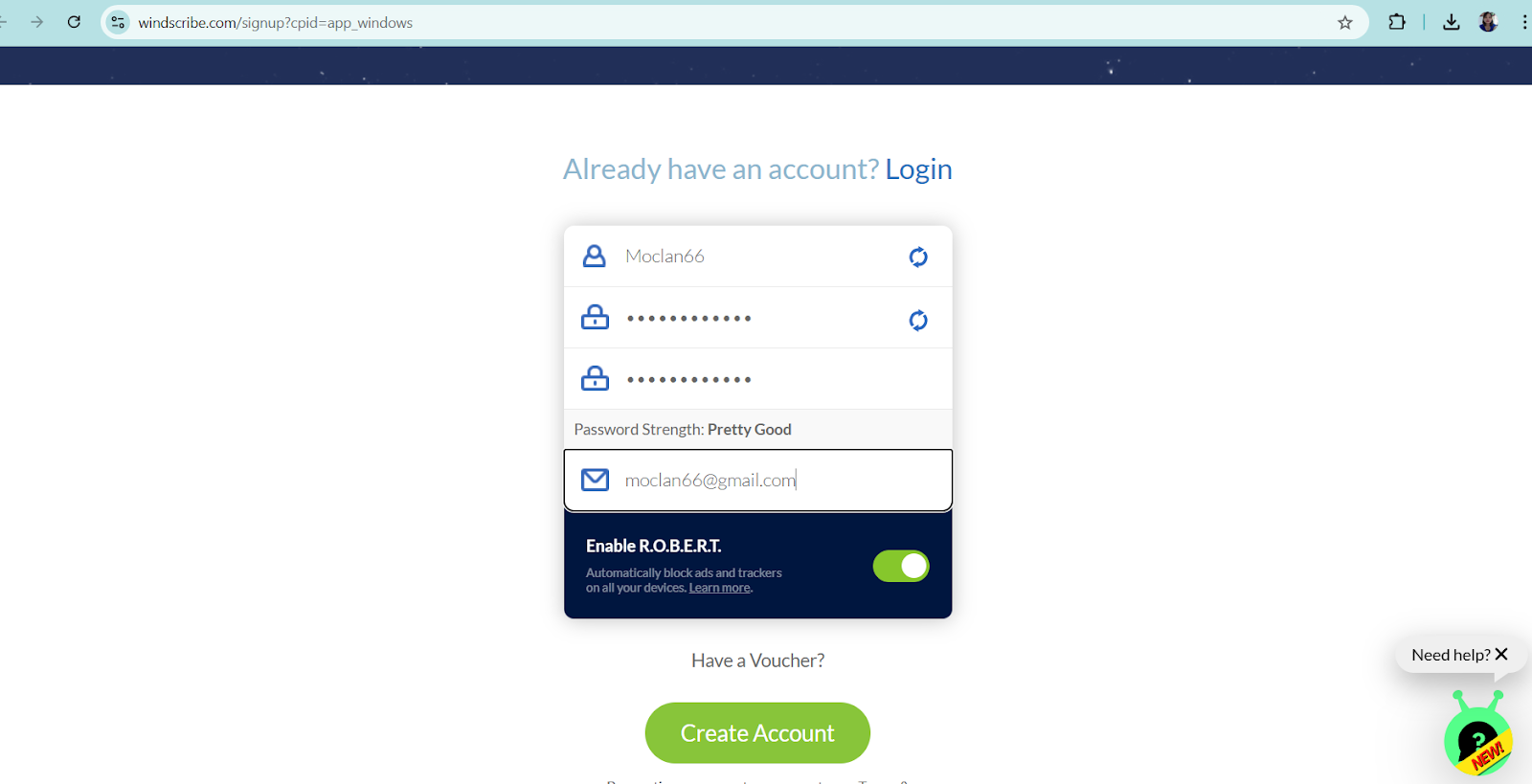 Điền thông tin đăng ký và nhấn Create Account